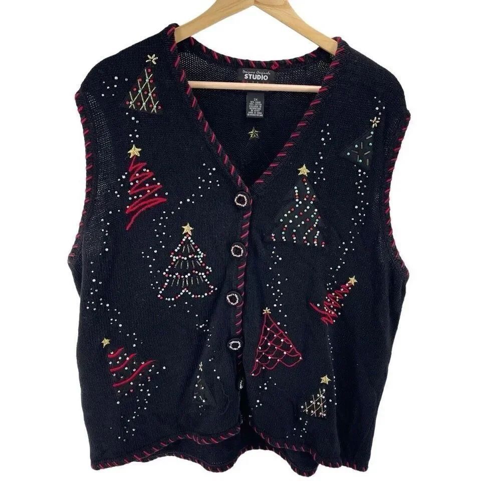Vintage Studio Fa La La Women's Christmas Tree Beaded Sweater Vest Black Size 2x